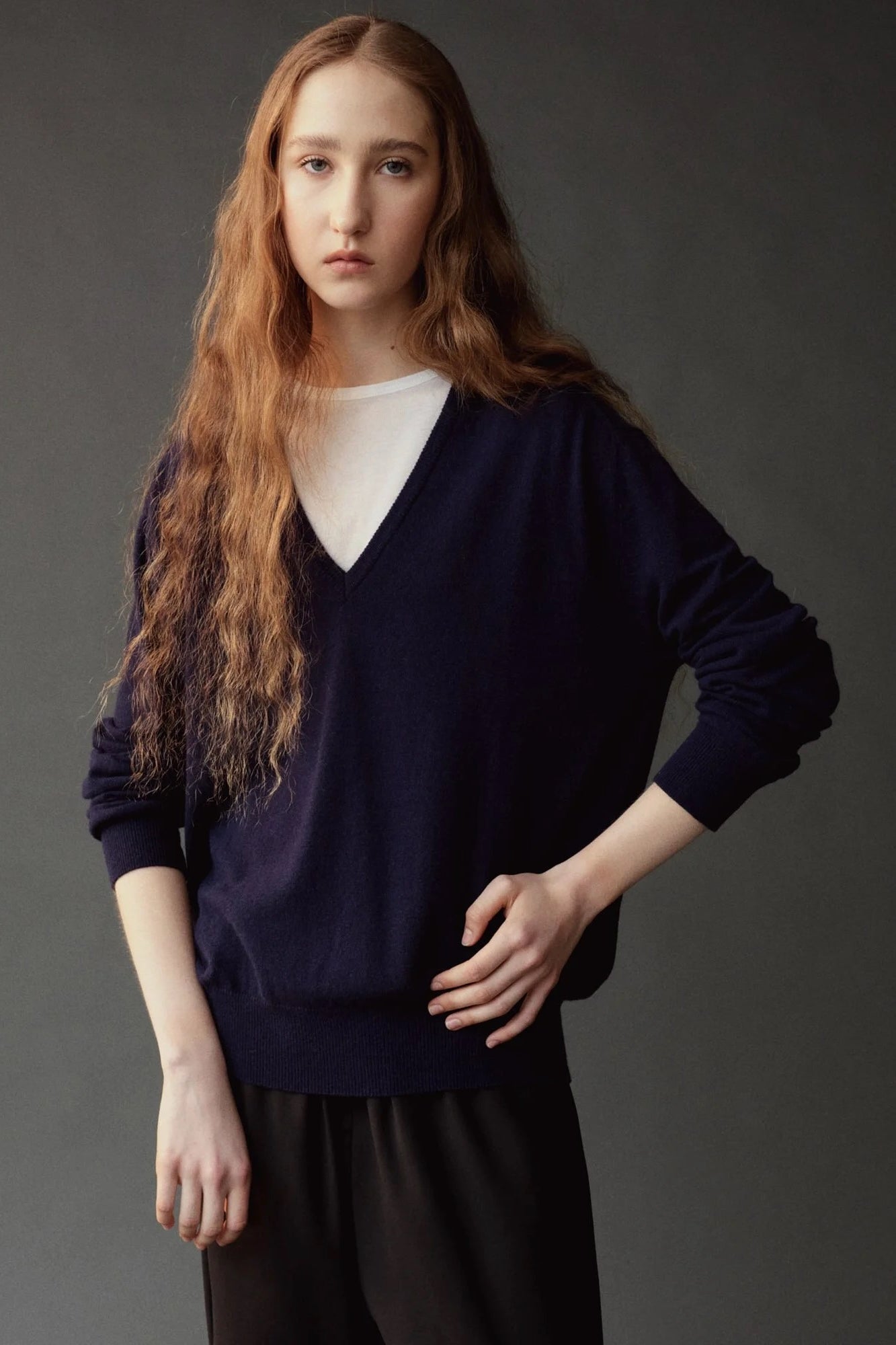 Mijeong Park Cashmere Blend V-Neck Knit Navy relaxed fit front view at YUCCA Denver