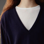 Mijeong Park Cashmere Blend V-Neck Knit Navy close-up showing deep V-neck and fine knit texture