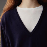Mijeong Park Cashmere Blend V-Neck Knit Navy close-up showing deep V-neck and fine knit texture