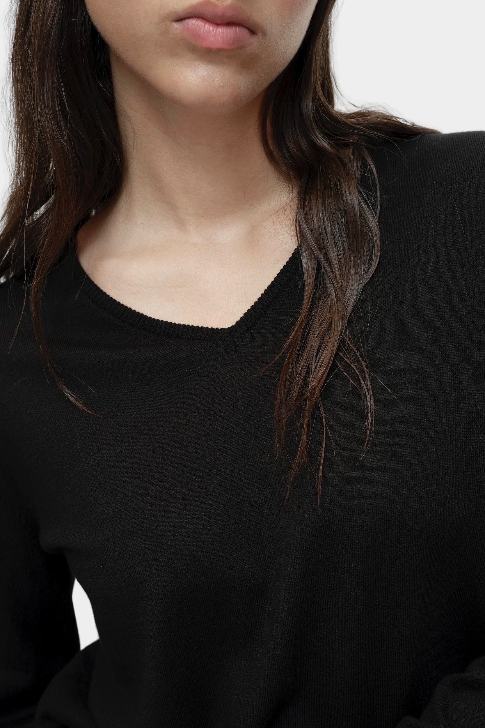 Close-up portrait of black cotton blend v neck knit top by Mijeong Park showing v neckline and knit texture