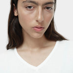 Close-up of white cotton blend v neck knit top by Mijeong Park showing v neckline and knit texture