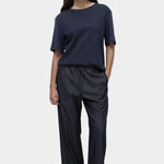 Mijeong Park denim drawstring pants relaxed wide leg elastic waist minimalist womens designer trousers full outfit view