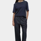 Mijeong Park denim drawstring pants relaxed wide leg elastic waist minimalist womens designer trousers full outfit view