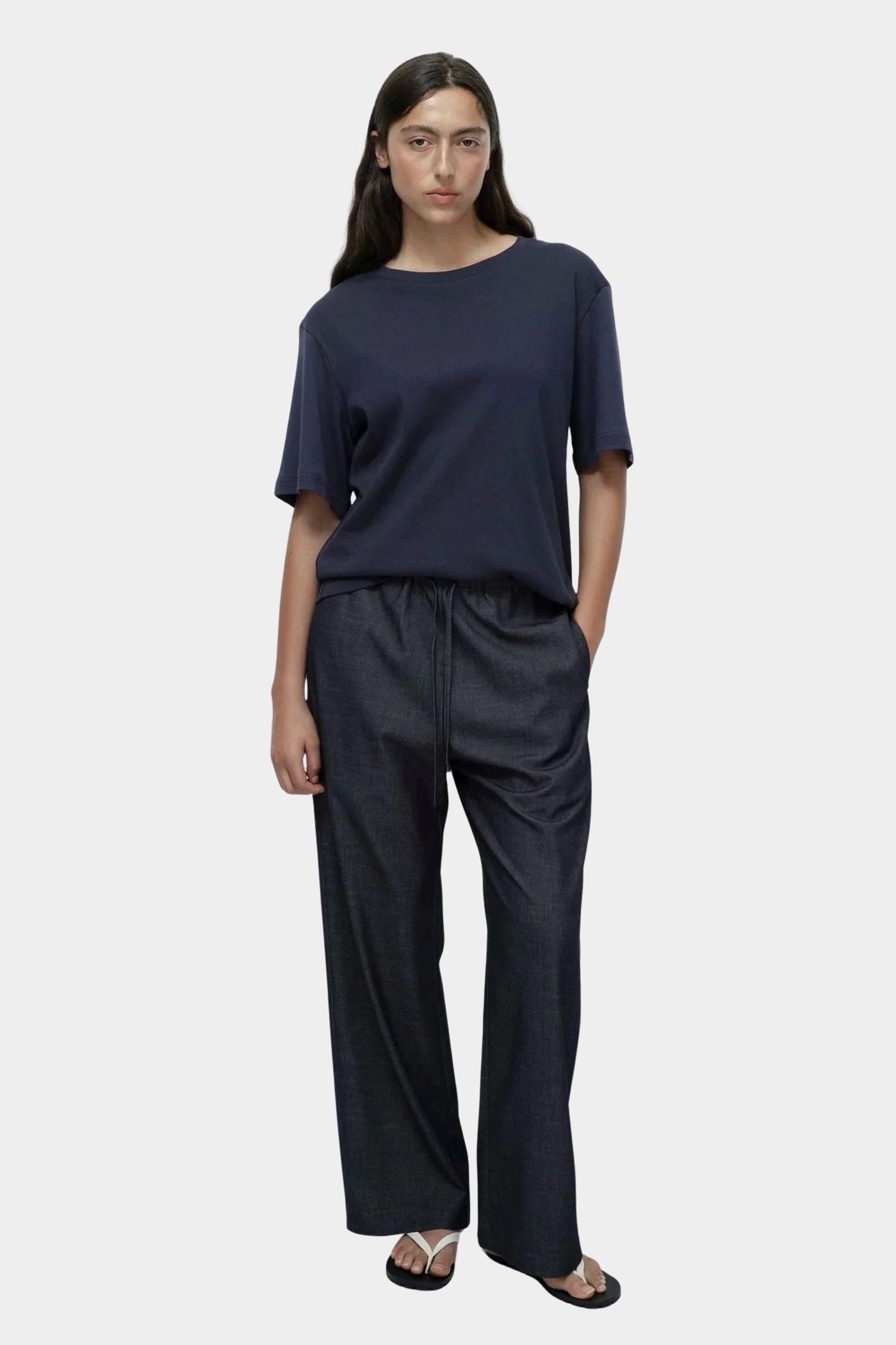 Mijeong Park denim drawstring pants relaxed wide leg elastic waist minimalist womens designer trousers full outfit view