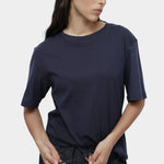 Mijeong Park denim drawstring pants relaxed wide leg trousers elastic waist womens minimalist designer pants front view