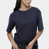 Mijeong Park denim drawstring pants relaxed wide leg trousers elastic waist womens minimalist designer pants front view