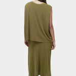 Back view green drape back knit top by Mijeong Park with fluid sleeveless silhouette and extended back panel