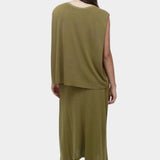 Back view green drape back knit top by Mijeong Park with fluid sleeveless silhouette and extended back panel
