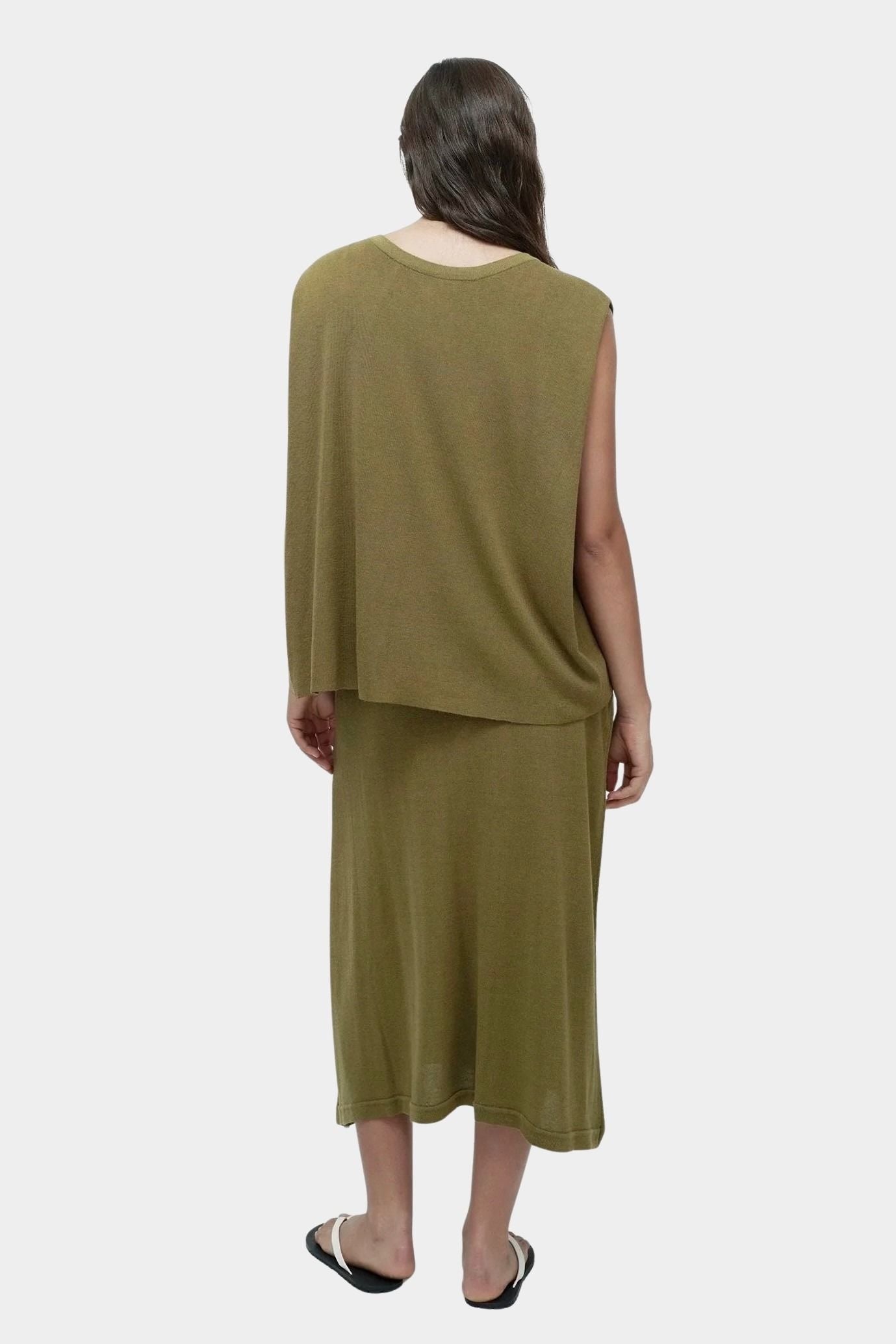Back view green drape back knit top by Mijeong Park with fluid sleeveless silhouette and extended back panel