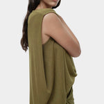 Side view green drape back knit top by Mijeong Park highlighting the extended draped back panel