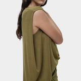 Side view green drape back knit top by Mijeong Park highlighting the extended draped back panel