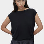 Front portrait navy drape back knit top by Mijeong Park relaxed linen blend knit