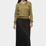 Mijeong Park drawstring midi skirt black lightweight satin elastic waist relaxed straight fit full length front view