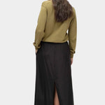 Mijeong Park black drawstring midi skirt back view elastic waistband straight silhouette center back slit
