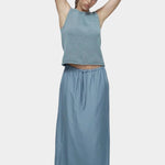 Mijeong Park blue drawstring midi skirt lightweight satin elastic waist relaxed straight fit full length front view