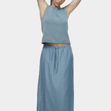 Mijeong Park blue drawstring midi skirt lightweight satin elastic waist relaxed straight fit full length front view