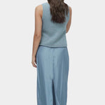 Mijeong Park drawstring midi skirt blue back view lightweight satin straight silhouette center back slit