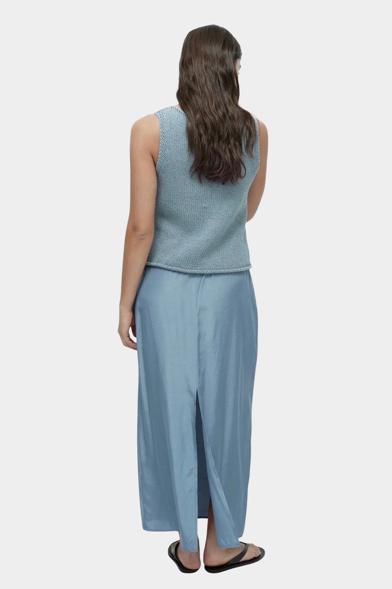 Mijeong Park drawstring midi skirt blue back view lightweight satin straight silhouette center back slit