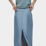Mijeong Park blue drawstring midi skirt back view elastic waistband straight silhouette center back slit