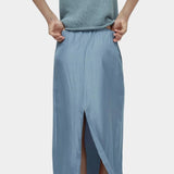 Mijeong Park blue drawstring midi skirt back view elastic waistband straight silhouette center back slit