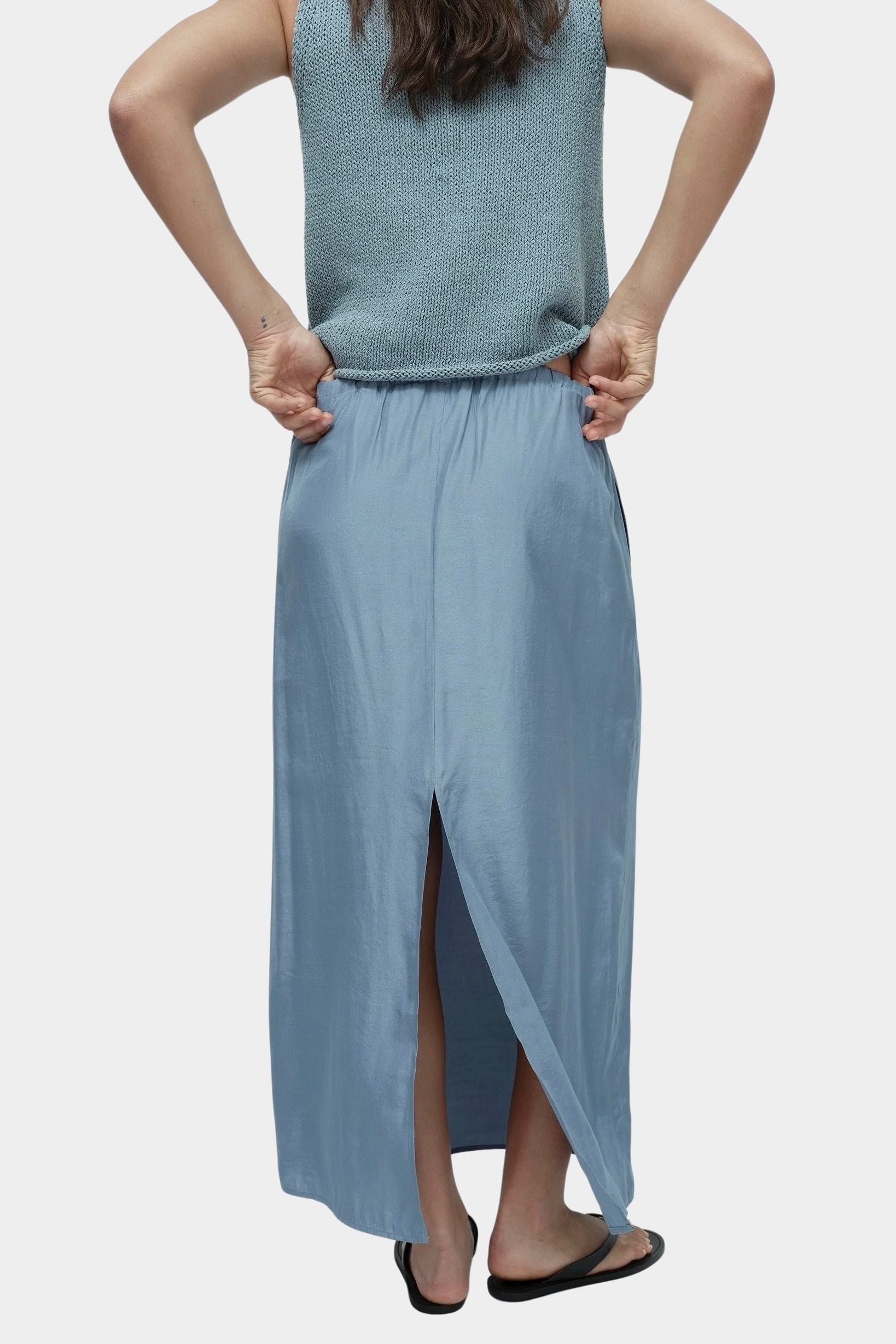 Mijeong Park blue drawstring midi skirt back view elastic waistband straight silhouette center back slit