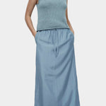 Mijeong Park drawstring midi skirt blue lightweight satin skirt elastic waist relaxed straight silhouette