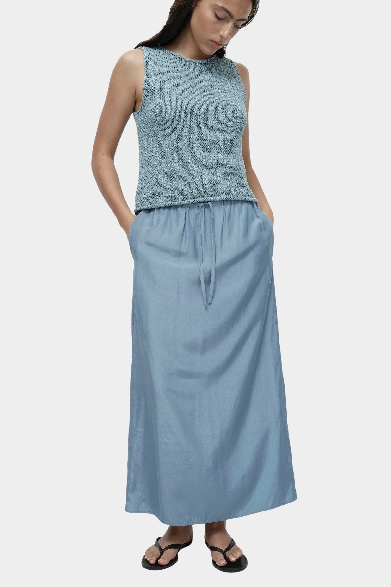 Mijeong Park drawstring midi skirt blue lightweight satin skirt elastic waist relaxed straight silhouette