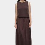 Mijeong Park dark brown drawstring midi skirt lightweight satin relaxed straight fit elastic waist front view