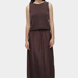 Mijeong Park dark brown drawstring midi skirt lightweight satin relaxed straight fit elastic waist front view