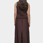 Mijeong Park drawstring midi skirt dark brown back view elastic waist straight silhouette center back slit