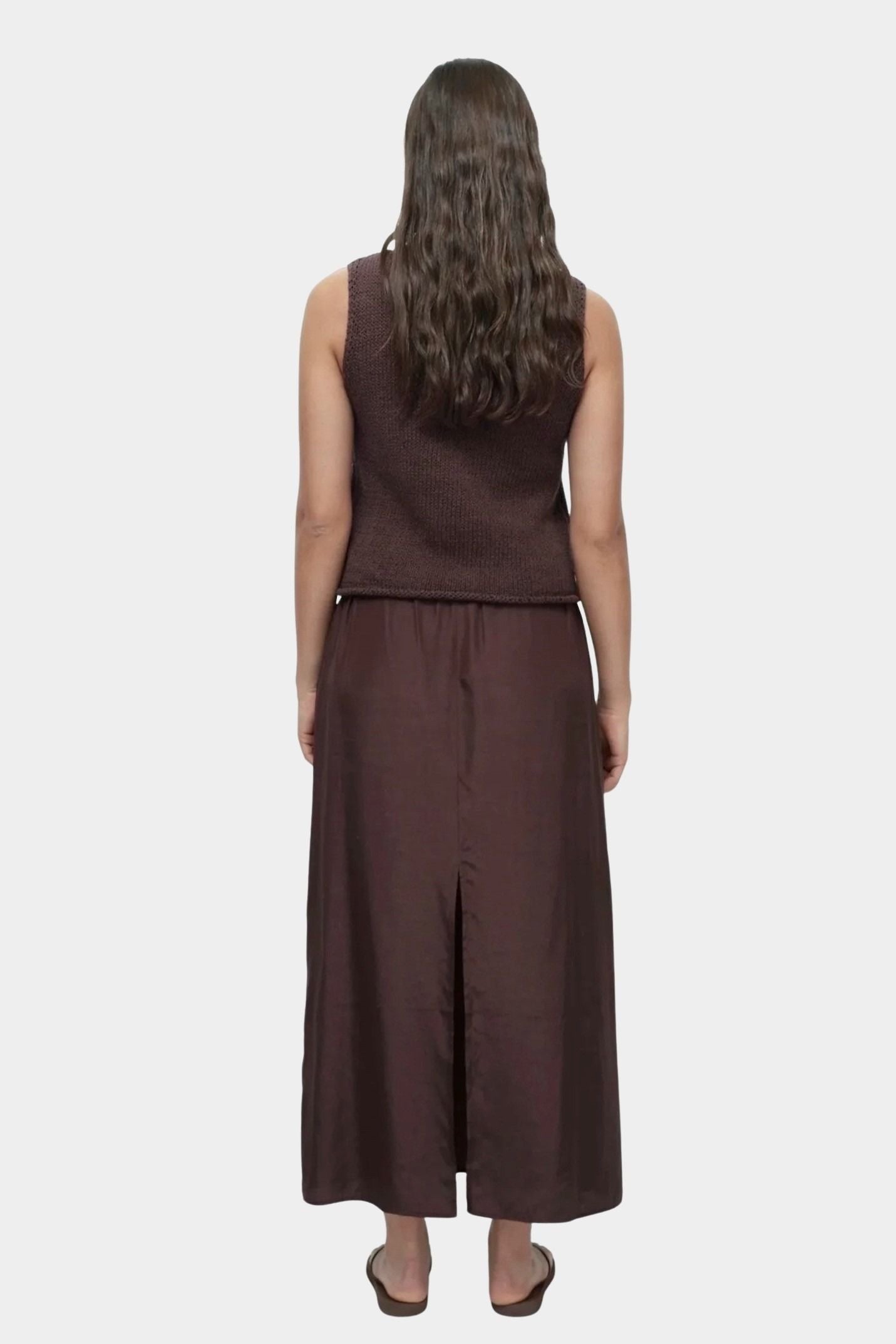 Mijeong Park drawstring midi skirt dark brown back view elastic waist straight silhouette center back slit