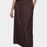 Mijeong Park dark brown drawstring midi skirt lightweight satin fabric elastic waistband relaxed fit