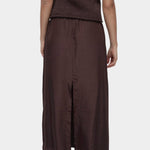Mijeong Park drawstring midi skirt dark brown lightweight satin skirt elastic waist relaxed straight silhouette
