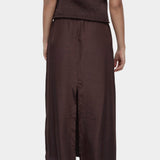 Mijeong Park drawstring midi skirt dark brown lightweight satin skirt elastic waist relaxed straight silhouette