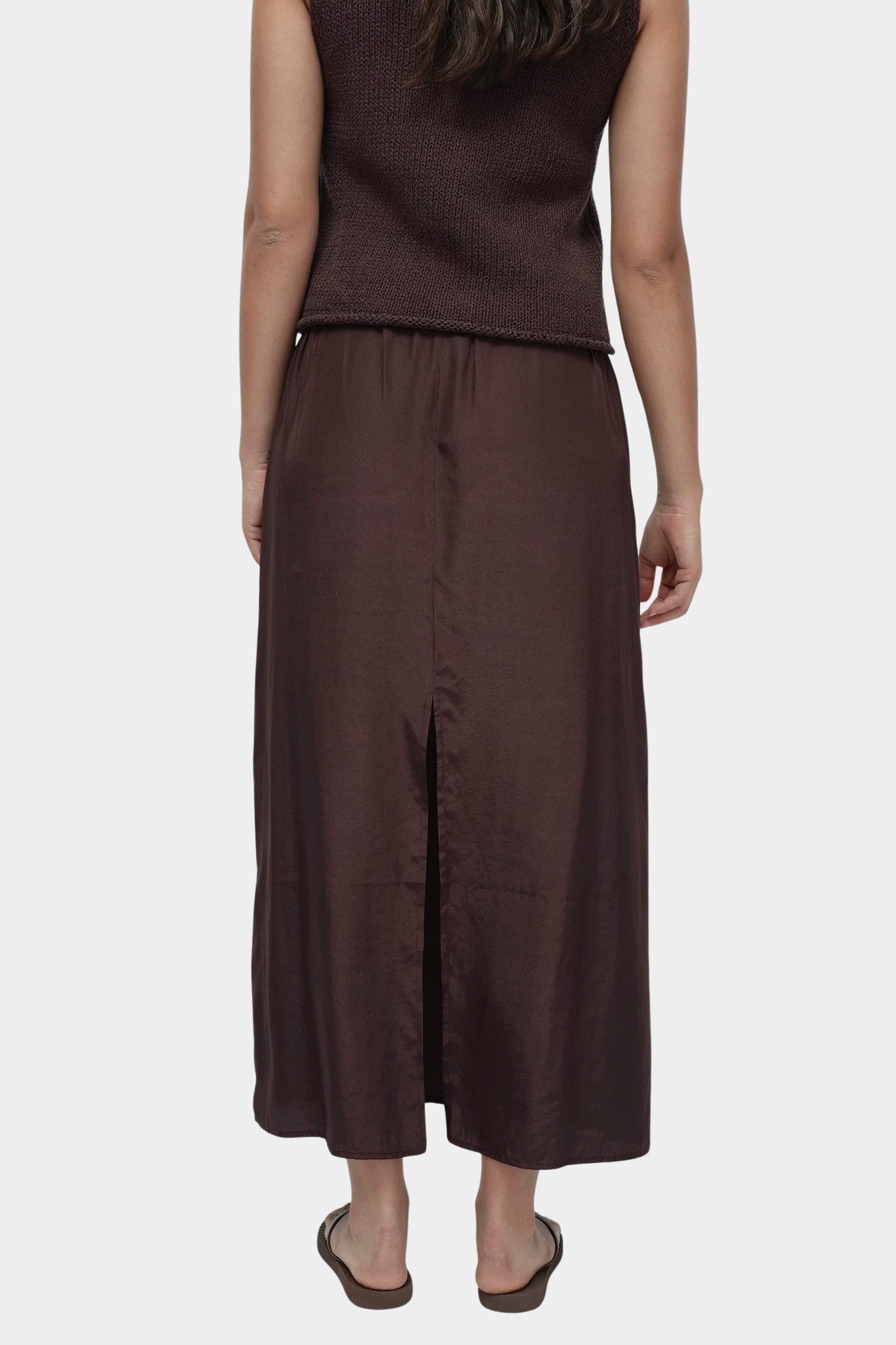 Mijeong Park drawstring midi skirt dark brown lightweight satin skirt elastic waist relaxed straight silhouette