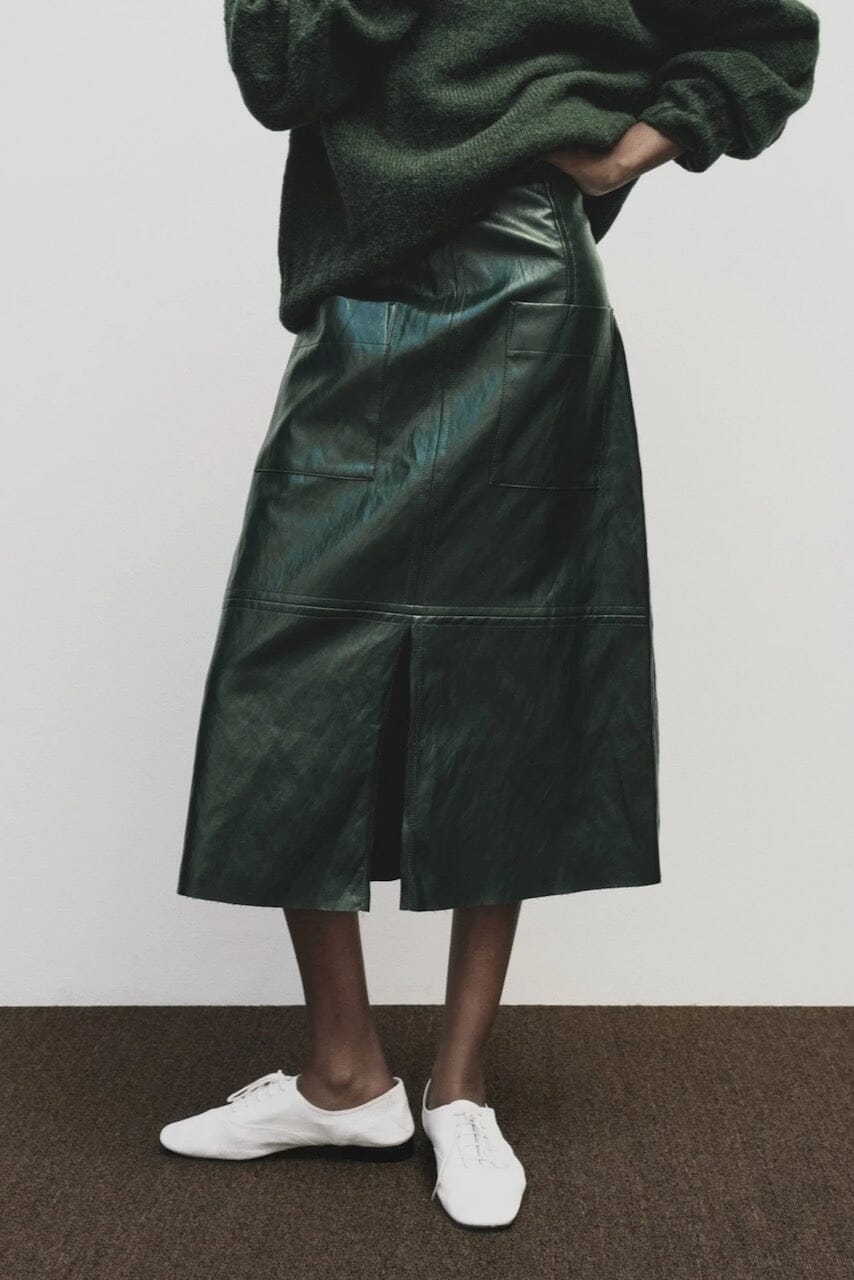 Mijeong Park - Faux Leather Skirt - Green - Skirts - YUCCA, women’s elevated skirts, clothing boutiques near me.