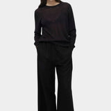 Mijeong Park black linen blend cropped pants front view wide leg elastic drawstring waist minimalist womens designer trousers