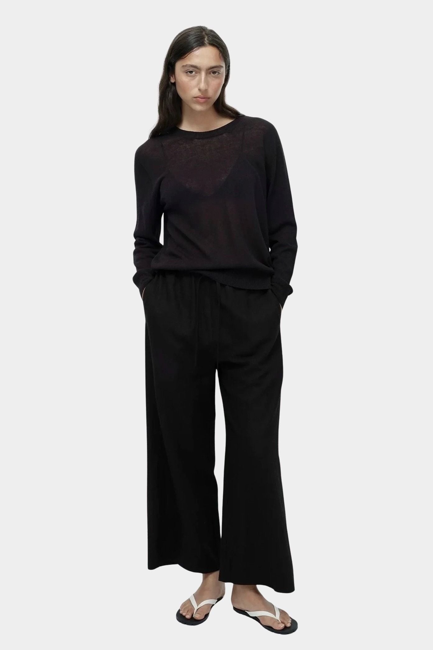 Mijeong Park black linen blend cropped pants front view wide leg elastic drawstring waist minimalist womens designer trousers