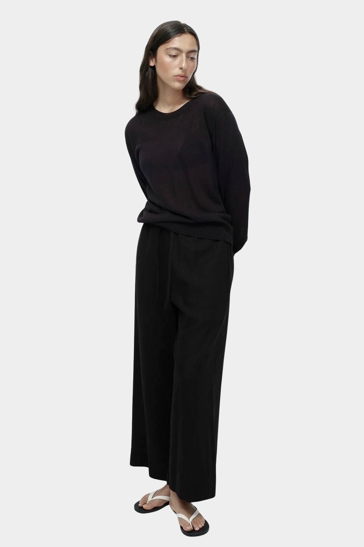 Mijeong Park black linen blend cropped pants wide leg cropped trousers styled with sheer knit top womens designer outfit