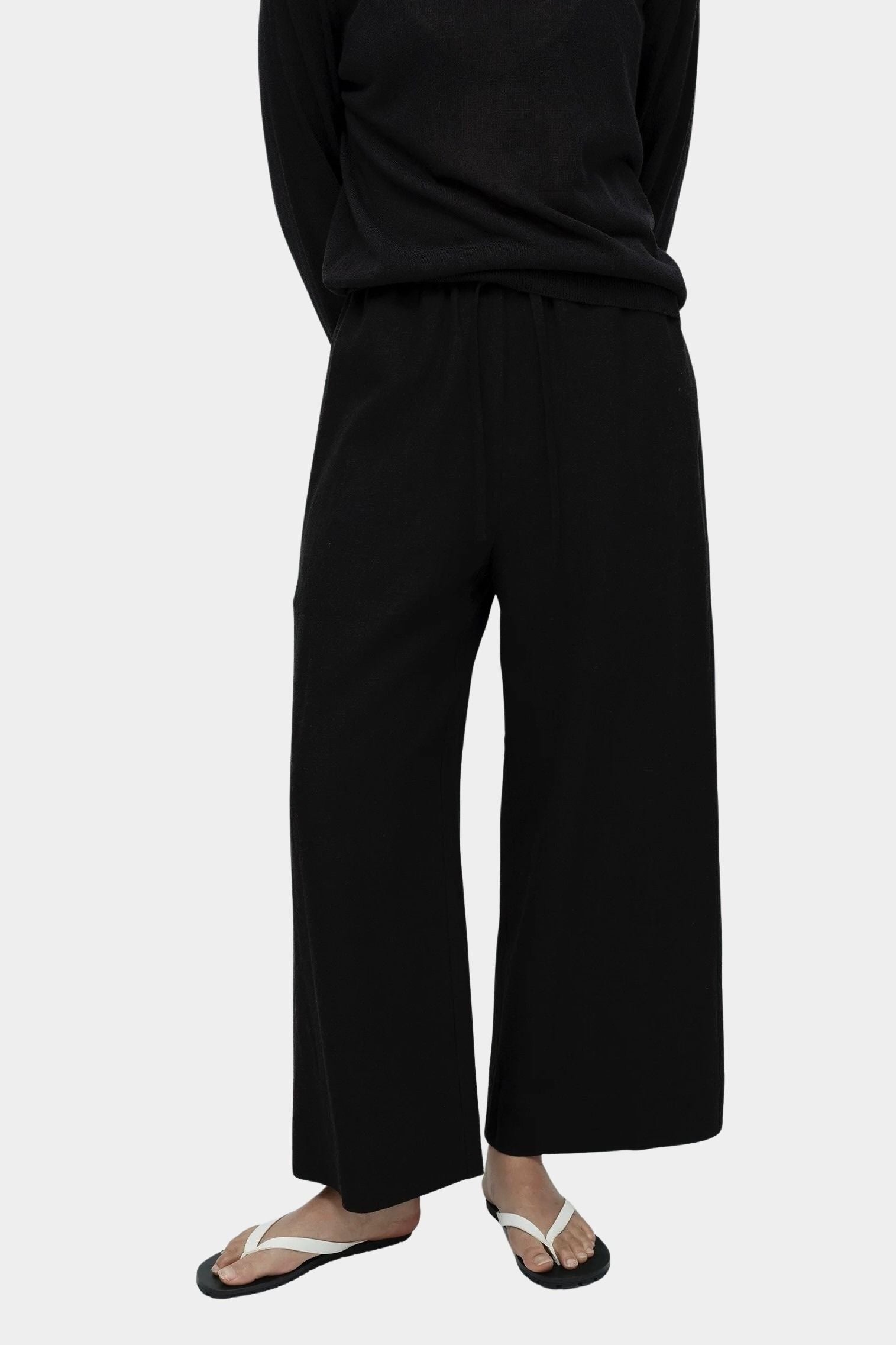 Mijeong Park black linen blend cropped pants wide leg elastic waist drawstring detail womens minimalist designer trousers