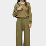 Mijeong Park green linen blend cropped pants full length front view wide leg elastic waist minimalist womens designer trousers