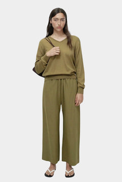 Mijeong Park green linen blend cropped pants full length front view wide leg elastic waist minimalist womens designer trousers