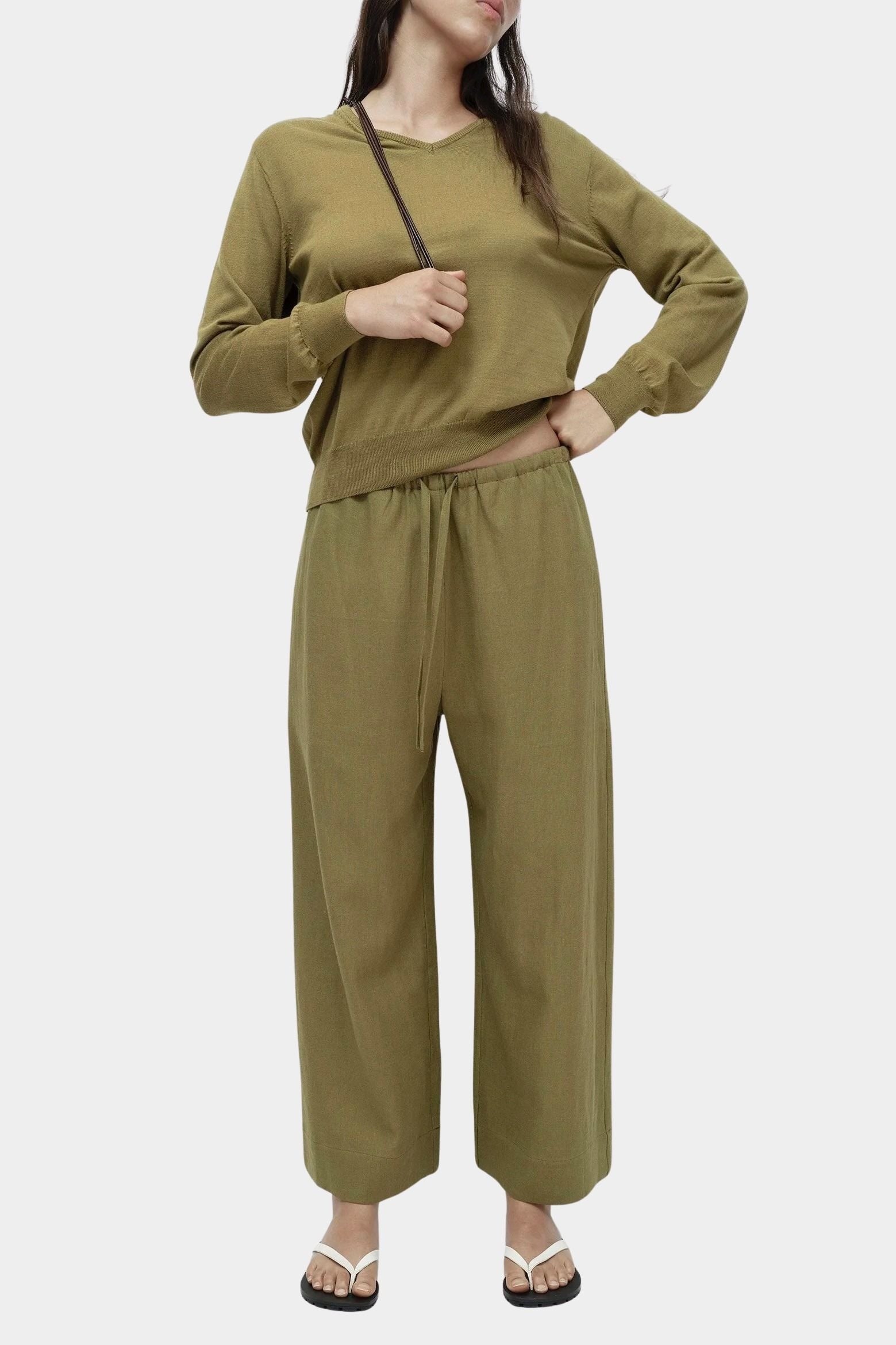 Mijeong Park green linen blend cropped pants front view wide leg drawstring waist minimalist womens designer trousers
