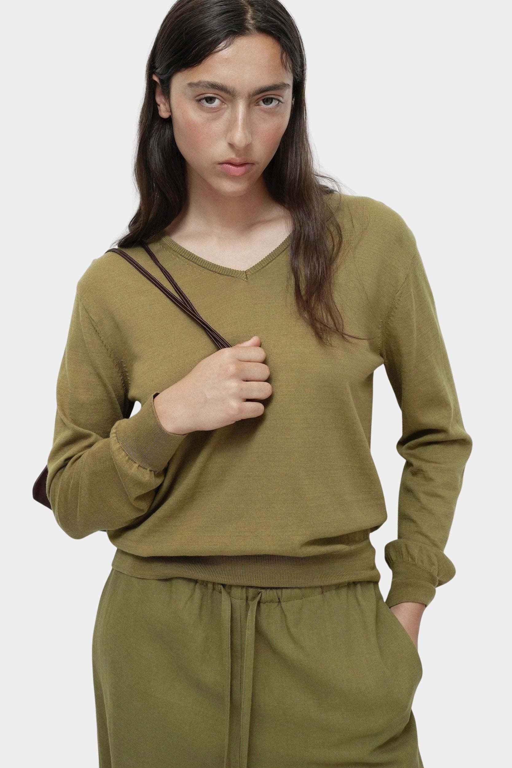 Mijeong Park green linen blend cropped pants front view wide leg drawstring waist minimalist womens designer trousers
