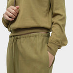Mijeong Park green linen blend cropped pants elastic drawstring waist detail wide leg minimalist womens designer trousers