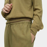 Mijeong Park green linen blend cropped pants elastic drawstring waist detail wide leg minimalist womens designer trousers