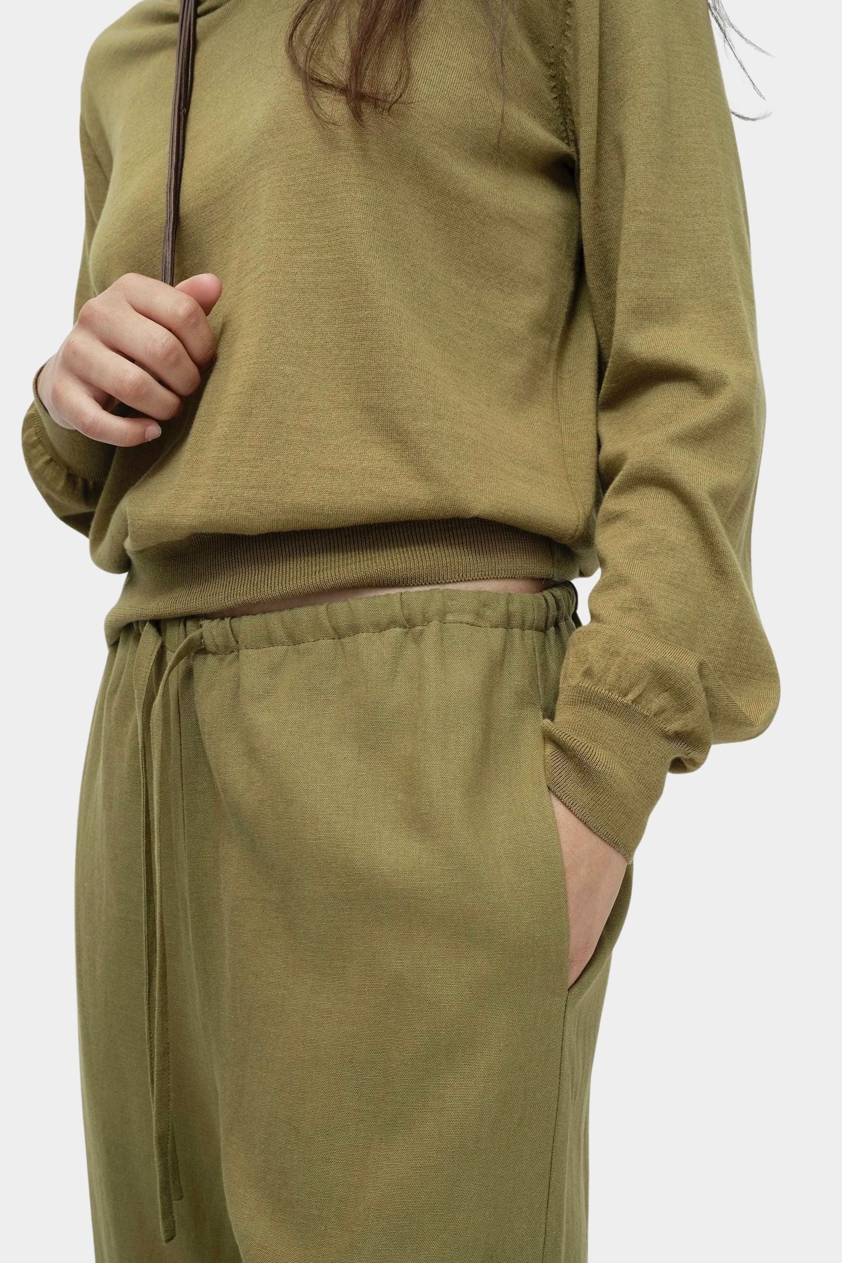 Mijeong Park green linen blend cropped pants elastic drawstring waist detail wide leg minimalist womens designer trousers