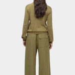 Mijeong Park green linen blend cropped pants wide leg elastic drawstring waist back view womens minimalist designer trousers