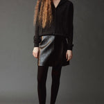 Mijeong Park Mock Neck Cardigan Charcoal full front view showing relaxed fit and button closure