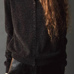 Mijeong Park Mock Neck Cardigan Charcoal front detail showing button front and open mock collar